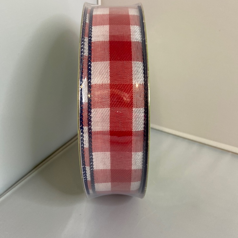 Members Mark Red & White Buffalo Plaid with Blue stitched edge Wired Ribbon.